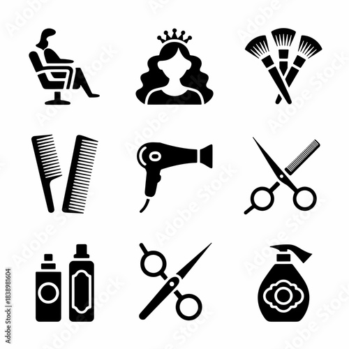 Beauty Icons: A collection of beauty salon tools and elements on display, including scissors, combs, hairbrushes, hair dryer, products and queen icon