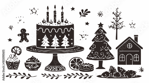 Charming black and white holiday elements featuring a festive cake gingerbread man and cozy winter scene