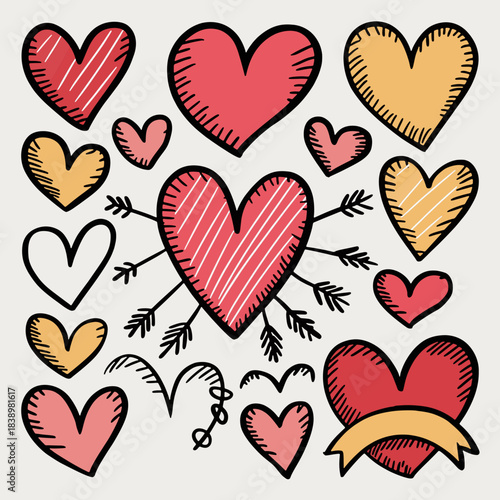 Sweet Doodle Hearts: An assortment of colorful doodle hearts of various sizes and styles, including a prominent heart pierced by arrows, embody love and affection.