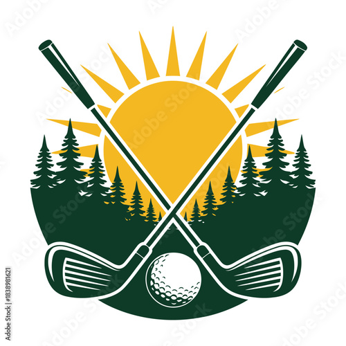 Golfing design with clubs, ball, sun Vector