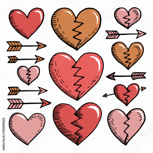 Heart and Arrows Illustration: A collection of meticulously drawn hearts and arrows. Expressing emotions and conveying the essence of love, heartbreak, and affection.