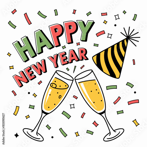 Cheers to the New Year: A celebratory New Year's scene with champagne glasses clinking, surrounded by festive confetti and a party hat. The atmosphere is filled with joy, anticipation.