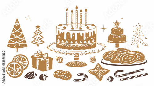 Stunning collection of festive holiday celebration elements featuring birthday cake, pine trees, gifts, and sweet treats