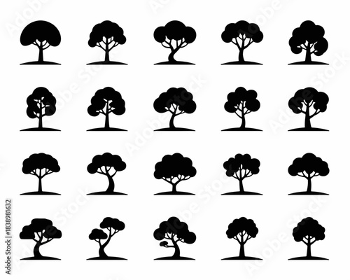 Tree Silhouette Collection: A diverse compilation of tree silhouettes showcases varied shapes and forms, providing a versatile visual resource for design and illustration. 