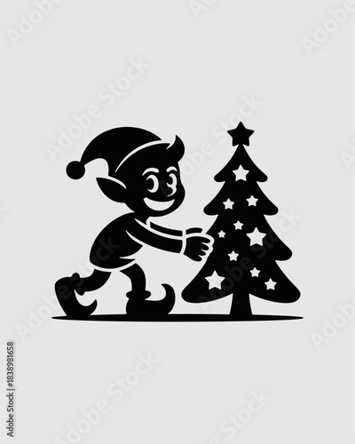 Wallpaper Mural Christmas Elf Silhouette: a whimsical silhouette captures the holiday spirit, with a cheerful elf figure alongside a decorated christmas tree. evoking warmth and festivity Torontodigital.ca