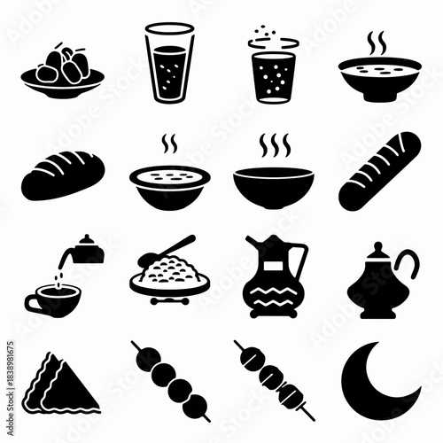 Culinary Collection: A sophisticated array of minimalist icons showcasing an assortment of delectable culinary staples, each a testament to simplicity.