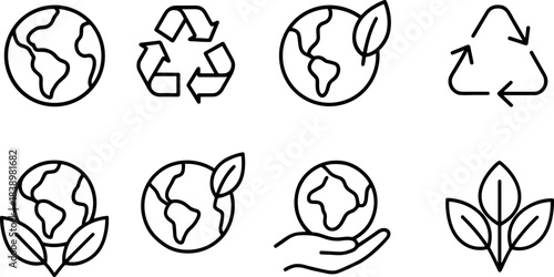 Eco love and planet protection icons. Earth, heart, leaf, sustainability outline set