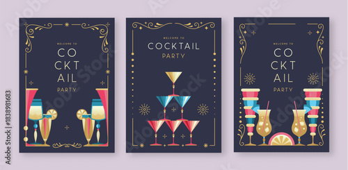 Set of holiday cocktail party posters with cocktail and champagne glasses. Restaurant menu design. Frame design. Vector illustration