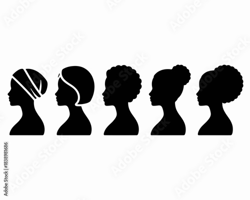 Stylized Silhouette Profiles: A curated collection of silhouette profiles, each uniquely styled with individualistic, stylish hairstyles. The silhouettes stand proudly, reflecting individuality.