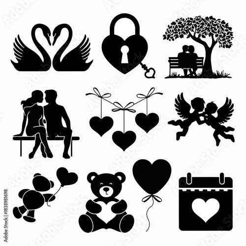 Love is in the air: A collection of charming silhouettes capturing the essence of romance, from intertwining swans to a heart-shaped lock and key. The image evoke feelings of love, togetherness.