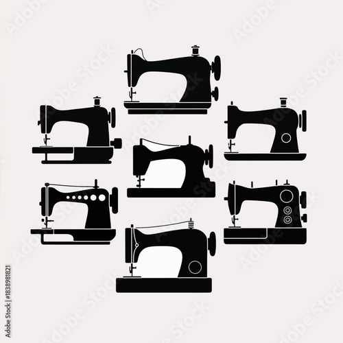 Sewing Machine Silhouette Collection: A collection of vintage sewing machine silhouettes in a variety of styles, representing the evolution of tailoring technology and the enduring craft of sewing.