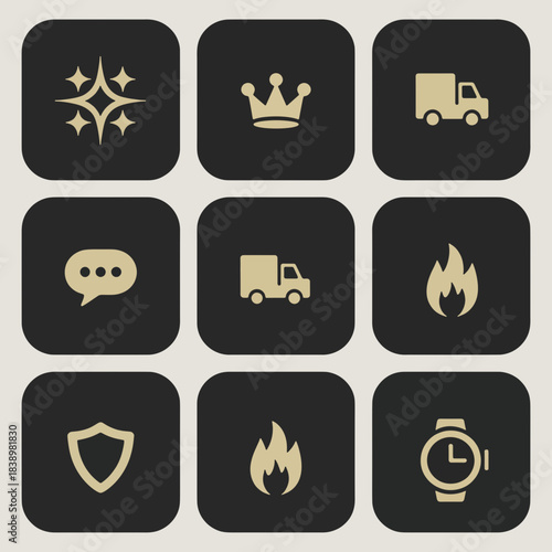 Essential Icon Set: An elegant collection of versatile icons, perfect for representing key concepts across various platforms and applications. Each icon, from sparkle to shield.