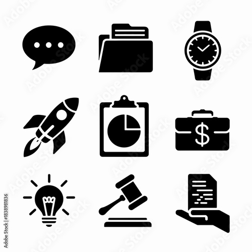 Innovation Icons: A collection of sleek, minimalist icons representing diverse aspects of innovation, progress, and modern life. From a rocket ship to a lightbulb.