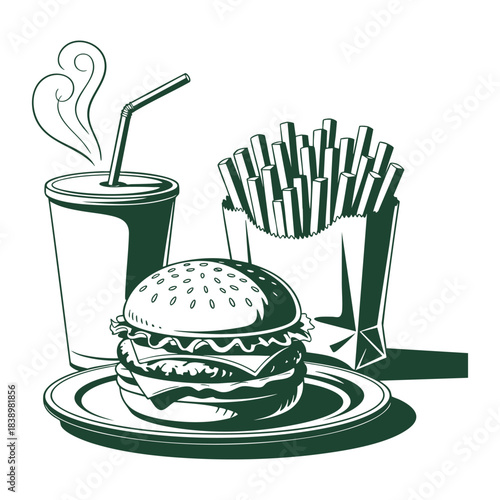 Fast food combo meal line art design Vector