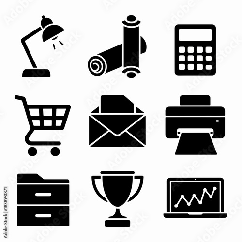 Office Icons: A collection of essential office equipment, showcasing a lamp, a scroll, a calculator, a shopping cart, an envelope, a printer, a filing cabinet, a trophy, and a laptop.
