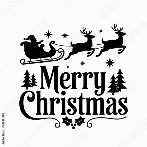 Festive Christmas Silhouette: A classic holiday scene unfolds as a silhouetted Santa Claus guides his reindeer-pulled sleigh across a starry sky.