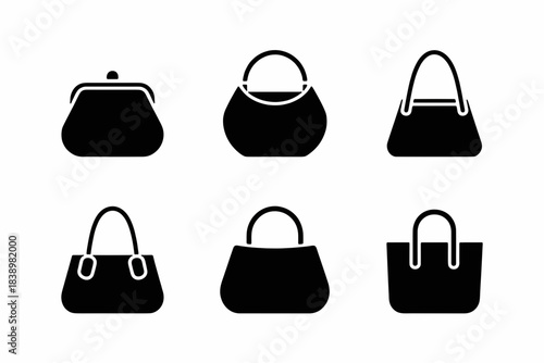 Stylish Bag Collection: A captivating collection of stylish bags, showcasing diverse shapes and designs in a monochromatic palette of sleek black.