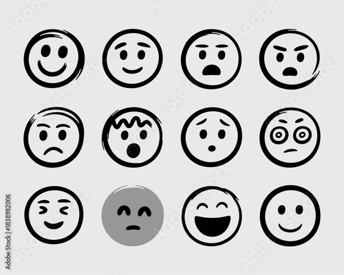 Emoji Expressions: A comprehensive array of handcrafted emoji faces, each delicately crafted with bold strokes to capture a spectrum of human emotion, from joy to sorrow, delight to anger.