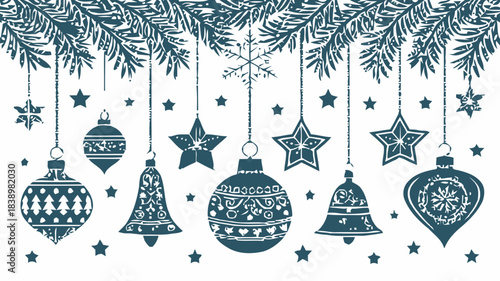 Stunning deep teal holiday ornaments and festive stars dangle from spruce branches for elegant seasonal design elements