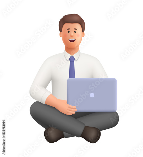 Young smiling businessman Ted sitting cross legged with laptop on her lap. Freelance, online learning, work at home and remote work concept. 3d vector people character. Cartoon minimal style.