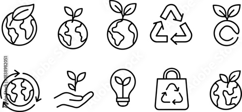Eco love and planet protection icons. Earth, heart, leaf, sustainability outline set