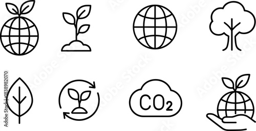 Eco love and planet protection icons. Earth, heart, leaf, sustainability outline set