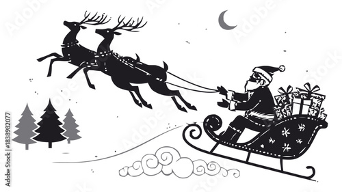 Stunning black and white silhouette of Santa Claus flying sleigh pulled by reindeer over snowy landscape at night
