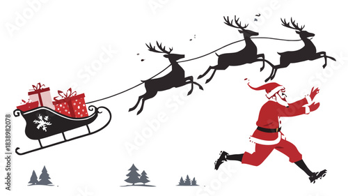 Funny Santa Claus hilariously chasing his runaway sleigh pulled by reindeer across a snowy winter landscape