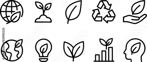 Eco love and planet protection icons. Earth, heart, leaf, sustainability outline set