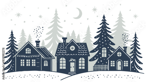 Charming winter village scene with cozy, snow-covered houses nestled among dark evergreen trees under a crescent moon