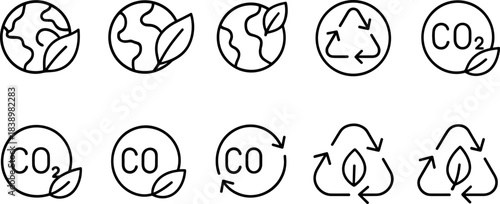 Eco love and planet protection icons. Earth, heart, leaf, sustainability outline set