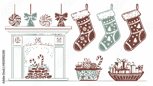Charming rustic holiday elements featuring stockings fireplace and sweet treats perfect for festive seasonal design projects