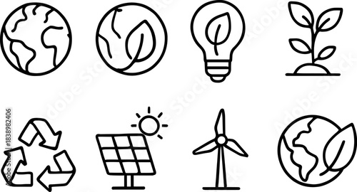 Eco love and planet protection icons. Earth, heart, leaf, sustainability outline set