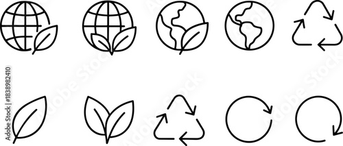 Eco love and planet protection icons. Earth, heart, leaf, sustainability outline set