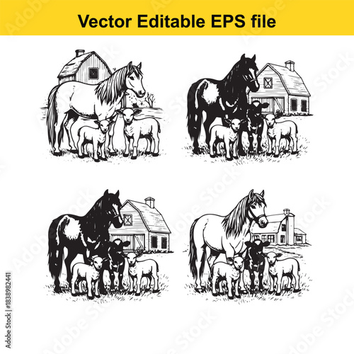  Set of four unique illustrations showcasing farm animals, horses, sheep, cows, and a rural barn house, hand-drawn vector art