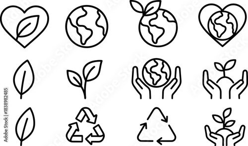 Eco love and planet protection icons. Earth, heart, leaf, sustainability outline set