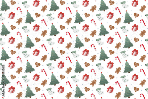 Seamless Christmas pattern with decorated trees, candy canes, gingerbread cookies, stockings, and gifts. White background with blue snowflakes. Festive design for wrapping paper and seasonal decor