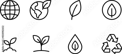 Eco love and planet protection icons. Earth, heart, leaf, sustainability outline set