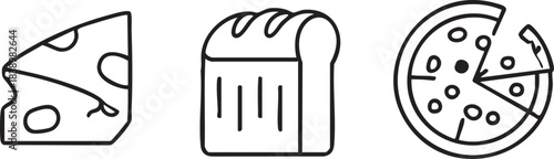 Vector icons: cheese, bread, and pizza line art illustration eps silhouette