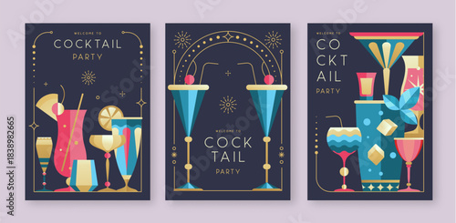 Set of holiday cocktail party posters with cocktail and champagne glasses. Restaurant menu design. Frame design. Vector illustration