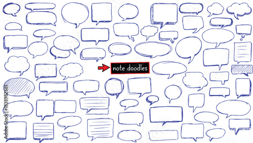 Blue pen text boxes and shapes collection. Blue ball pen ovals, rectangles and starburst doodles at grid notebook background. Crayon drawn note speech bubbles and shapes for text