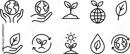Eco love and planet protection icons. Earth, heart, leaf, sustainability outline set
