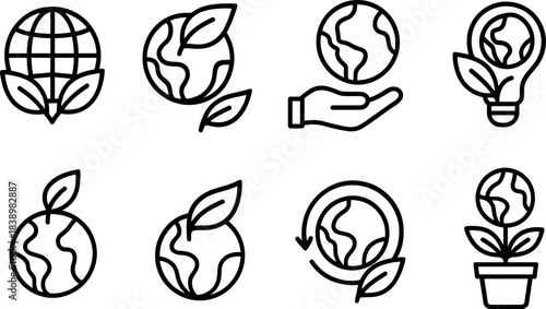 Eco love and planet protection icons. Earth, heart, leaf, sustainability outline set