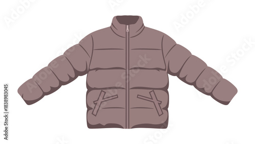 A brown puffy quilted winter jacket with a zippered collar and two slanted pockets