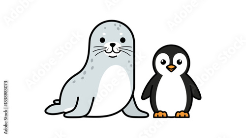 A cartoon seal and a cartoon penguin standing sidebyside on a white background