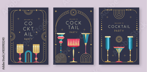 Set of holiday cocktail party posters with cocktail and champagne glasses. Restaurant menu design. Frame design. Vector illustration