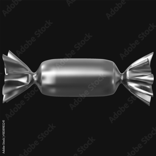 Metallic wrapper of a round elongated candy, realistic mockup, caramel, lollipop.
