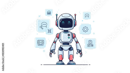 A pixelated white and red robot illustration surrounded by floating interface icons