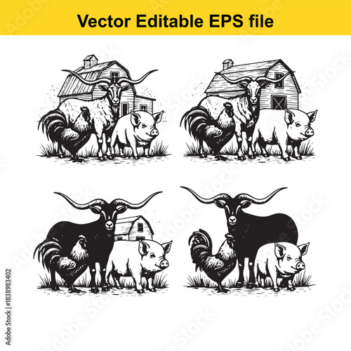  Set of four unique black and white illustrations featuring farm animals, longhorn, rooster, pig, and a barn house