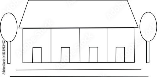 Minimalist house and two trees, simple architectural outline drawing art Vector